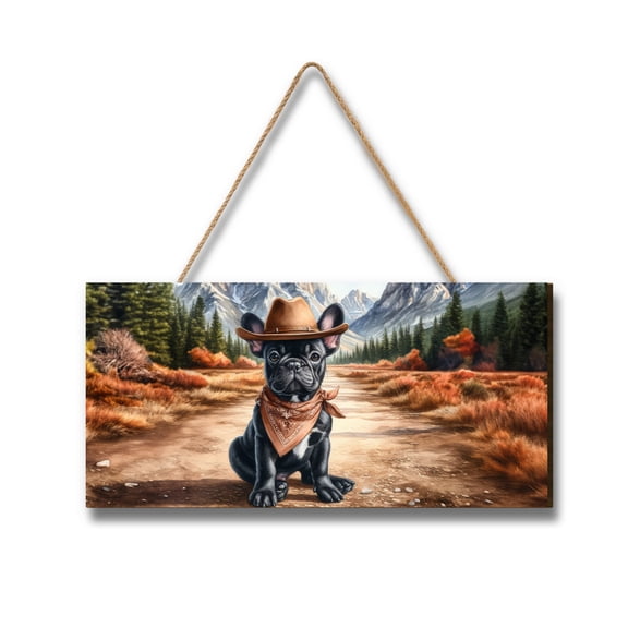 Welcome Fall Western Cowboy French Bulldog Enjoys Majestic Autumn Landscape Wood Sign Dog Lover Gifts Hanging Wall Home Decor - 01007