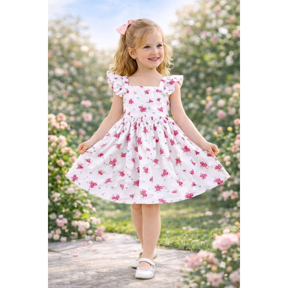 HILEELANG Toddler Girl Summer Dress Floral Ruffled Sleeve Backless Tie Back Crew Neck Sundress 2T