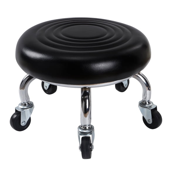 VECELO Low Rolling Stool, PU Leather Low Roller Seat Small Stool with Wheels, Round Low Height Rolling Stool for Home Office Garage Shop, Black