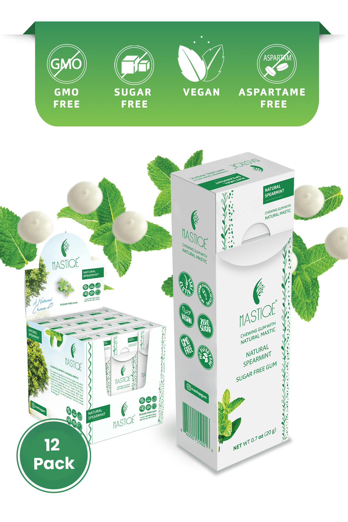 Mastiqe Sugar Free Chewing Gum with Natural Mastic -Spearmint (12 Pack)