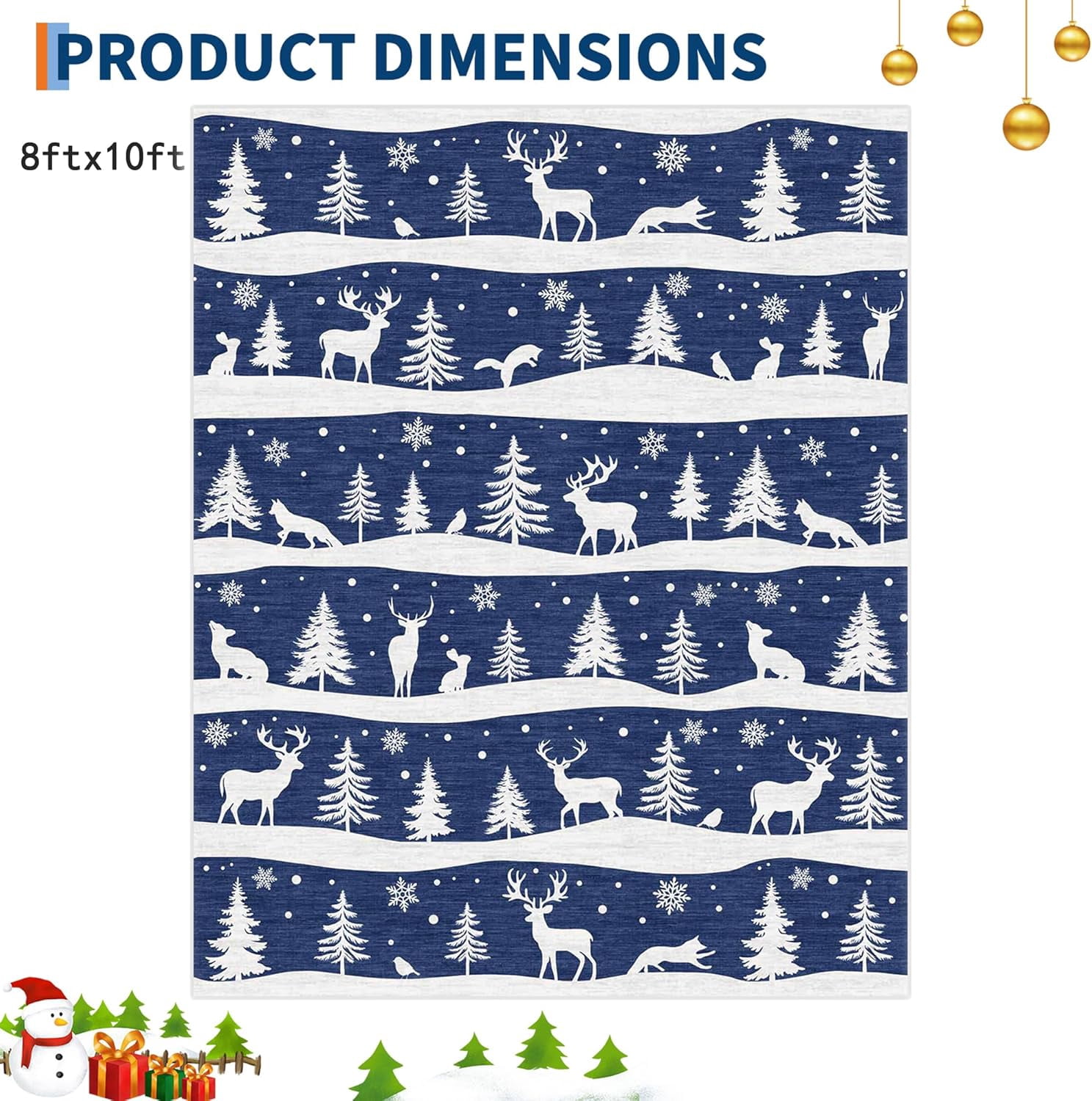 Garvee 8x10 ft Christmas Rug, Washable Non Slip Low Pile Carpet, Xmas Tree Reindeer Snowflake Indoor Rug for Entryway, Kitchen, Living Room, Blue