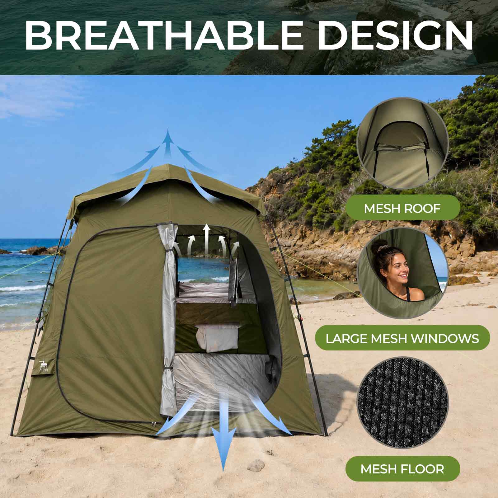 Carpa de ducha para acampar QUIETLEMON de 7.5 pies, carpa portátil de privacidad de 2 habitaciones con bolsa de ducha, baño y vestidor para exteriores, refugio instantáneo de apertura rápida para playa, campamento y senderismo 6