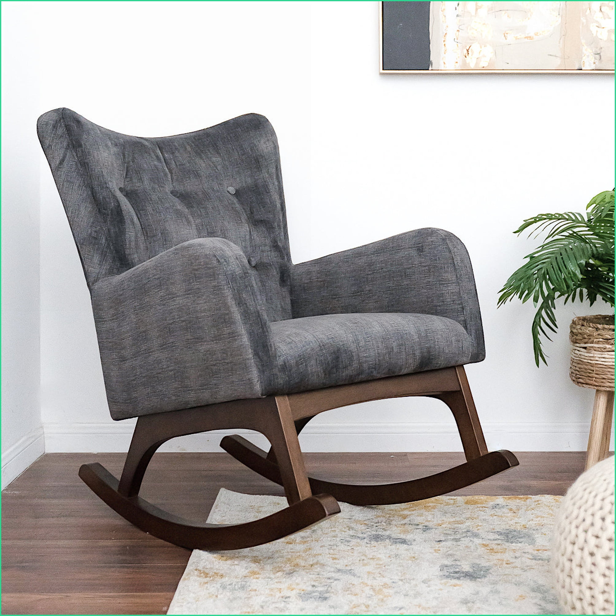 Rocking Chair, Solid Wood with Stain Resistant Fabric, Brown/Dark Gray, 36x26x36.5 for Living Room Nursery Bedroom | Solid Wood | Fabric