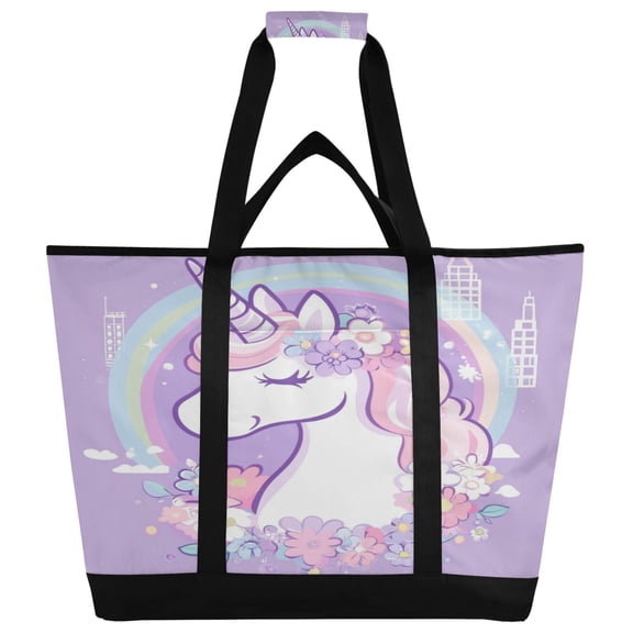 WOBOGO Cute Unicorn Purple Pattern Tote Cooler Bag Fold Flat Insulated Shopping Bag With Zipper For Work Picnic Beach Use 18×6.7×24in