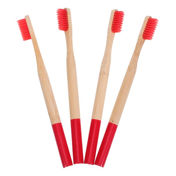 4 cepillos de dientes de bambú biodegradables, ecológicos, para viajes y uso doméstico (rojos).