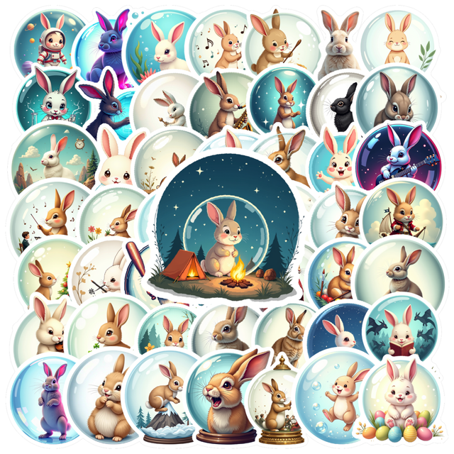 cartoon Rabbit Snow Globe Theme Stickers, Waterproof Rabbit Snow Globe Theme Sticker for Water Bottle Laptop Phone Cases Planner Skateboard Luggage Helmet Party Favor Decor
