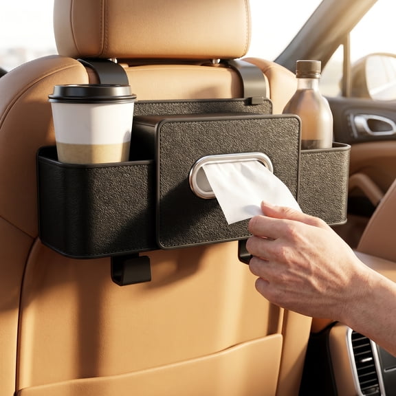 3-in-1 Back Seat Car Organizer with Cup Holder, Tissue Box & Trash Bin – Multifunctional Car Backseat Storage for Phones, Snacks, Drinks, and Handbags (Black)