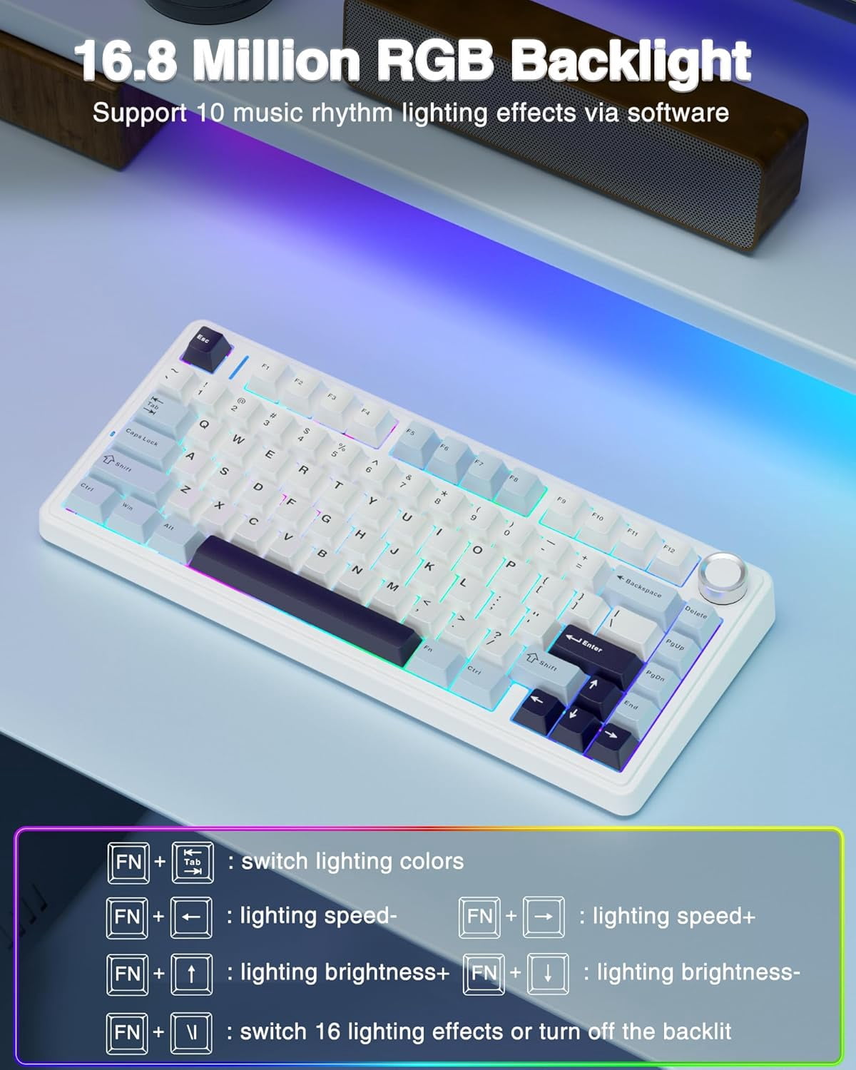 F75 75% Mechanical Keyboard, Hot Swappable Creamy Keyboard, Pre-lubed Reaper Switches, 2.4GHz/Type-C/BT5.0, Backlit Gaming Keyboards(White & Blue)