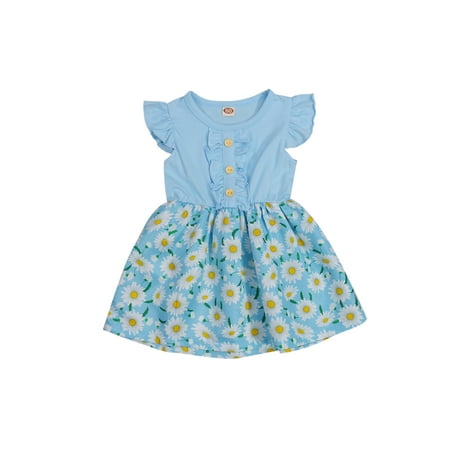 

Binpure Baby Girl Dress Daisy Printed Ruffle Short Sleeve Round Collar High Waist Princess A-Lined Buttons Skirt