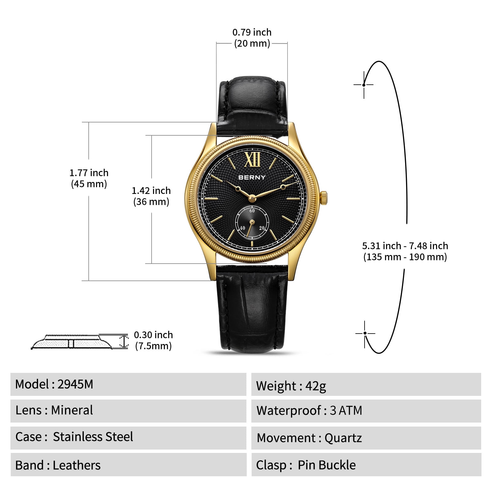 BERNY Watches for Men, Ultra-Thin Minimalist Leather Watch, Stainless Steel Case, Waterproof Analog Quartz Watch, Business Dress Watches with Small Seconds (Black)