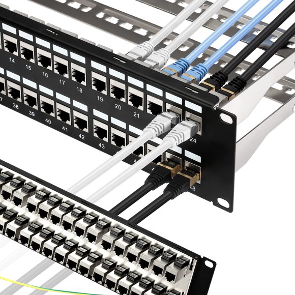 Rapink Patch Panel 48 Port Cat6A with Inline Keystone 10G Support, Coupler Patch Panel STP Shielded 19-Inch with Removable Back Bar, 1U Network Patch Panel for Cat7, Cat6, Cat6A, Cat5e