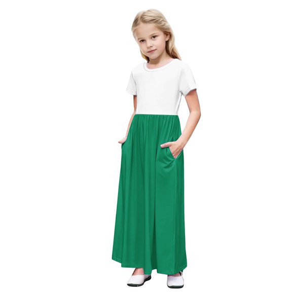 MGDXOX Girls Short Sleeve Solid Color Maxi Dress with Side Pocket and Round Neck Casual Loose Swing Dress for Everyday Wear Green 13 Years