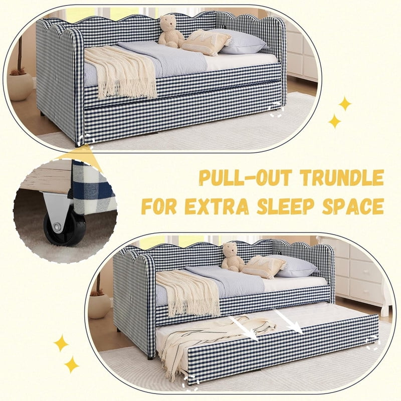 Full Size Upholstery Daybed with Trundle and USB, Full to King Design Wave Shaped Extendable Linen Sofa Bed, No Box Spring Required, for Living Room and Bedroom