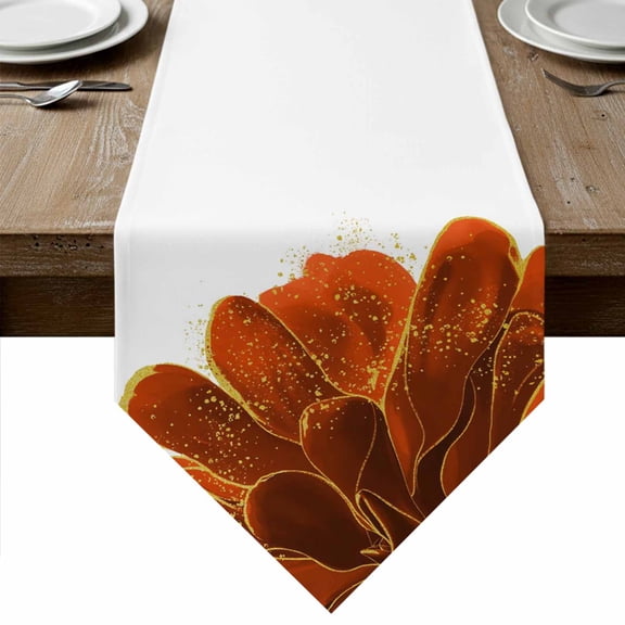 Table Runners 72 Inches Long, Burnt Orange Cotton Linen Kitchen Dining Coffee Table Runner for Party Home Decor, Sparkle Gold Stained Floral Flower Art Tabletop Dresser Scarves Runner 13x72 Inch