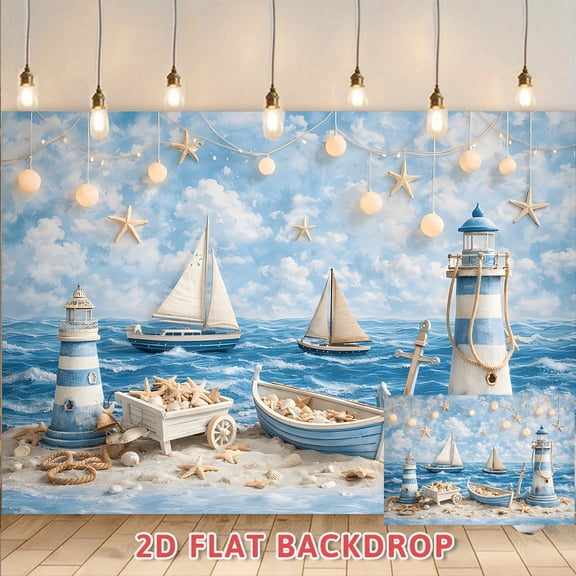 Nautical Themed 2D Flat Backdrop Blue Sky White Clouds Beach Lighthouse Sailboat Scene Prop Ideal for Party Decor Photography Backdrop Commercial Event Venue Ambiance Creation