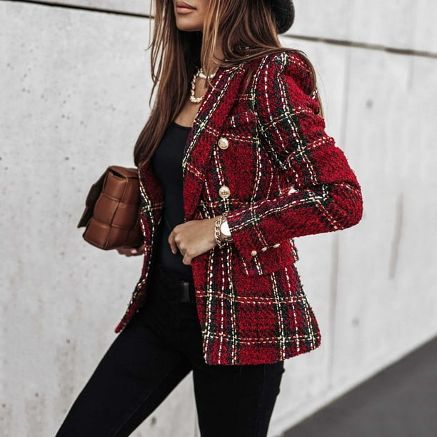 Abcnature Winter Jacket for Women Women Plaid Check Suit Satin Jacket Formal Cardigan Pocket Work Office Suit Coat Winter Warm Coats Wine XL