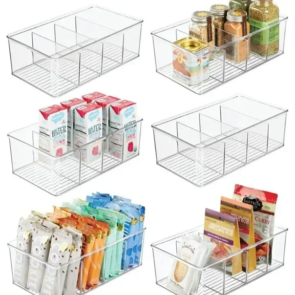 Clear Refrigerator Organizer Bin with Divider, Plastic Fridge Storage Box for Freezer Pantry Kitchen