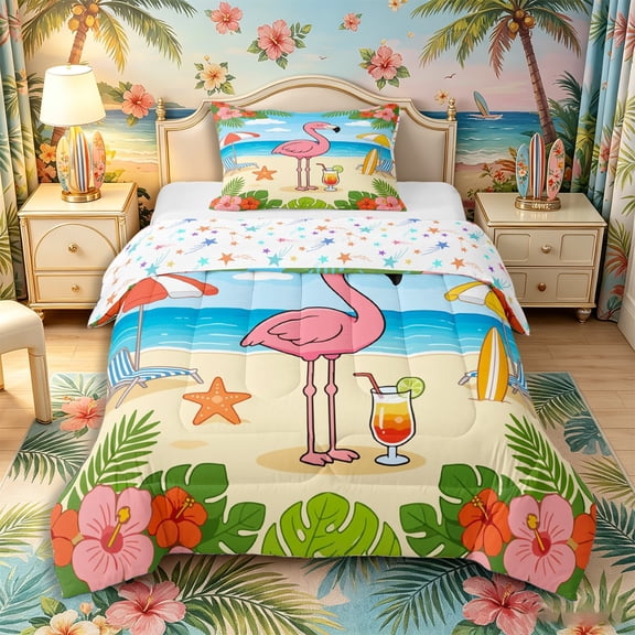 Castle Fairy Cartoon Beach Flamingo Twin Comforter Sets 2pcs,Cocktail Hibiscus Tropical Border Bedding Set,Pink Sand,Reversible,1 Comforter and 1 Pillowcase