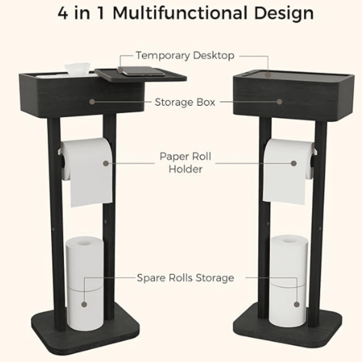 4-in-1 Black Toilet Paper Holder Stand with Storage Shelf Box, 360° Rotating Bamboo Free Standing Toilet Tissue Roll, Toilet Wipes Dispenser Organizer, Temporary Desktop for Bathroom (Patent)