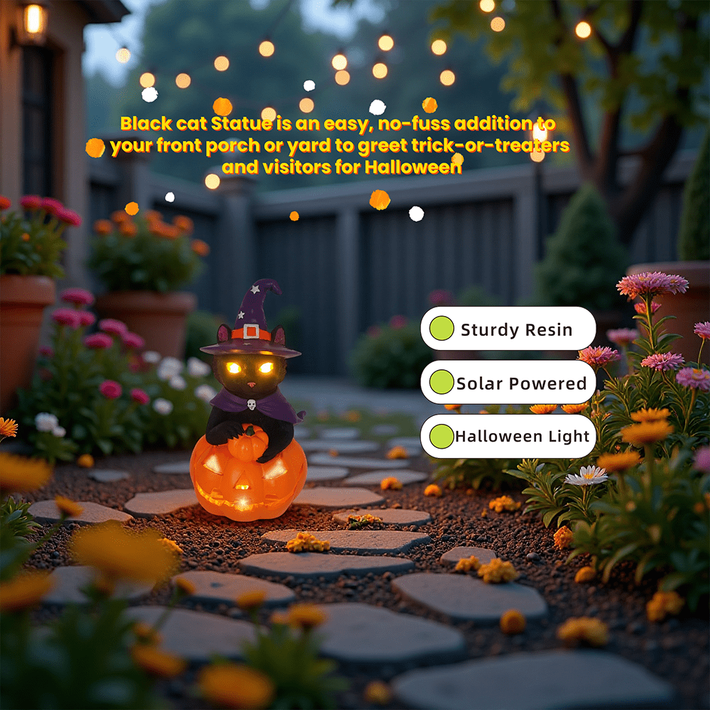 Halloween Decorations Solar Spooky Lights Outdoor Black Cat Pumpkin Figurine Light Garden Statue Decor for Outside Patio Front Porch Yard, Home Decor Gifts for Halloween