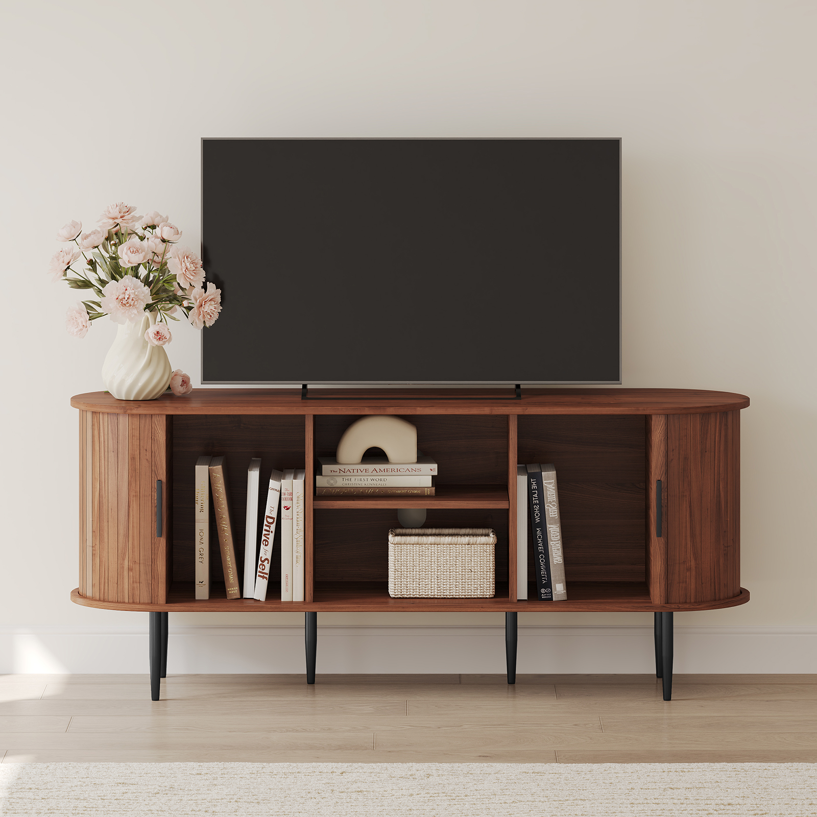 HLR 55" Mid-Century Modern TV Stand with Sliding Doors, Brown photo 7