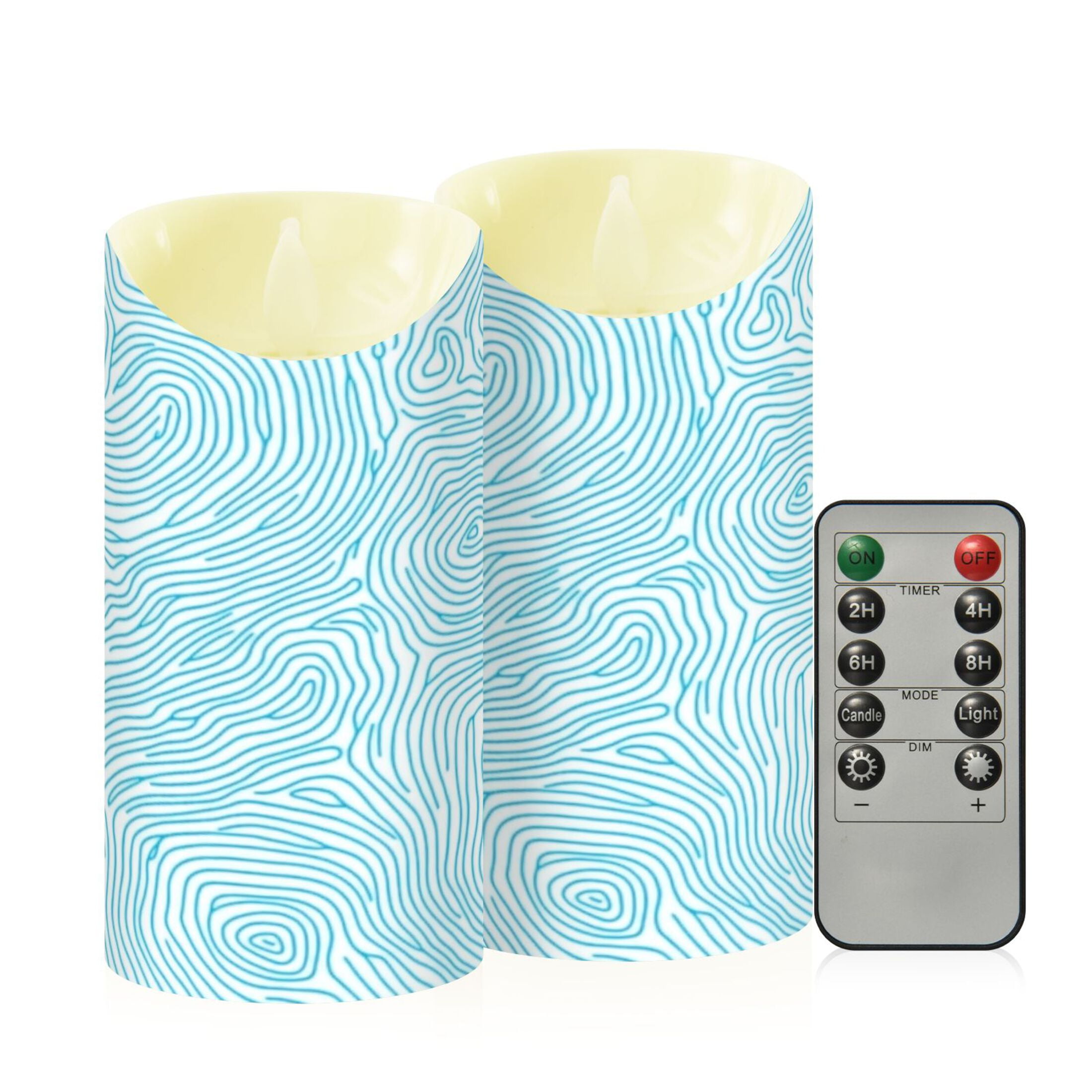 Blue Wave Pattern Flameless Candles 2 PCS with Remote Realistic Moving Flame LED Tapered Pillar Set for Home Decor