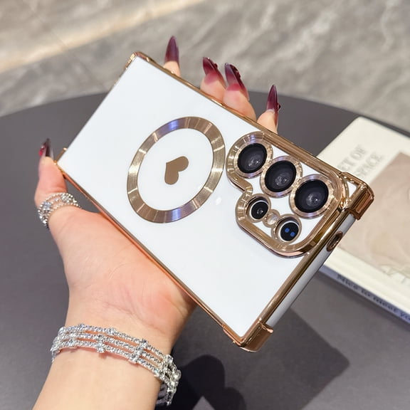 Magnetic Love Heart Case for Samsung Galaxy S26 Ultra, Compatible with MagSafe, Fashion Plated Slim Lightweight Phone Cover for Women Girls Lens Protector Anti-Scratch Cute Case, White