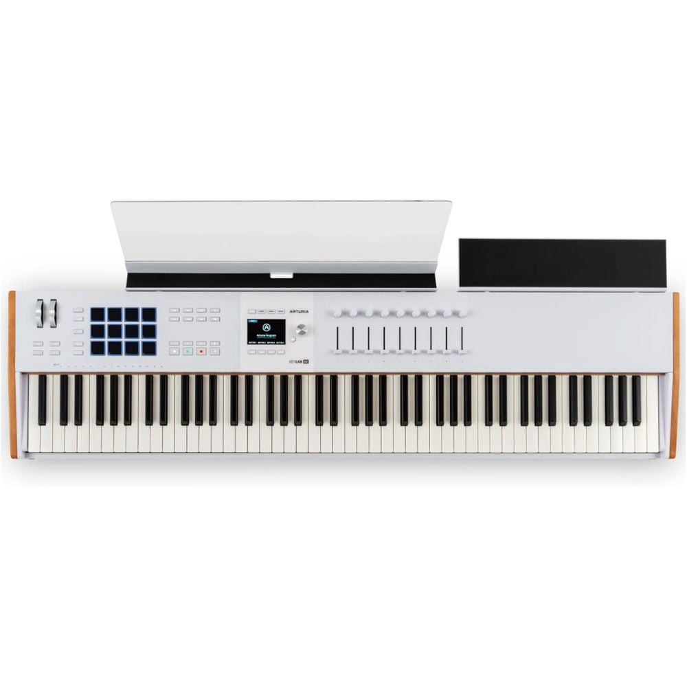 Arturia KeyLab 88 mk3 88-Key Hammer-Action Universal MIDI Controller (White) Bundle with Arturia Wooden Legs for 88 MkII/PolyBrute Stand, Kaces KKC-LG Large Stretchy Keyboard Dust Cover