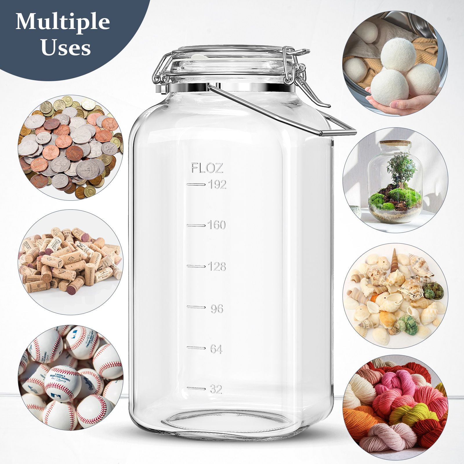 Syntic 2 Gal Airtight Glass Jars with Lids Food Storage Canister for Kitchen & Pantry Organization Square Mason Jar Containers for Flour, Cereal 256 oz Clear