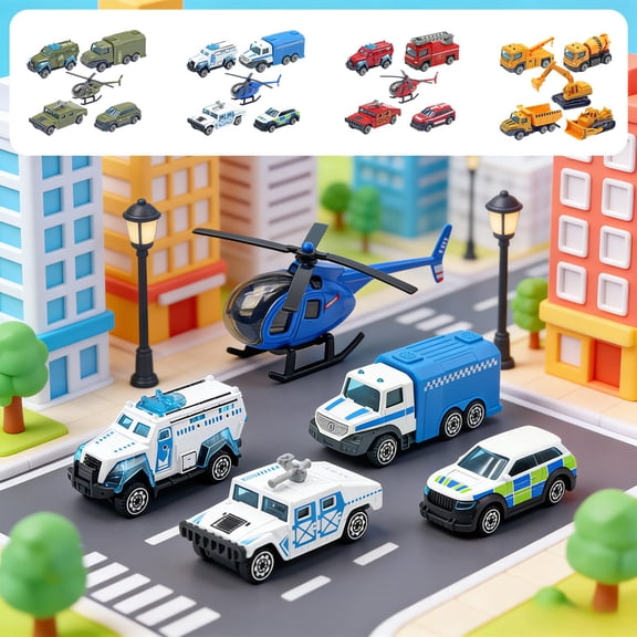 Oefntac Toy Car Set Children's Alloy Toy Car Set 5pcs Engineering Vehicle Model Military Fire Rescue Police Construction Mini Metal Diecast Realistic Durable Gift