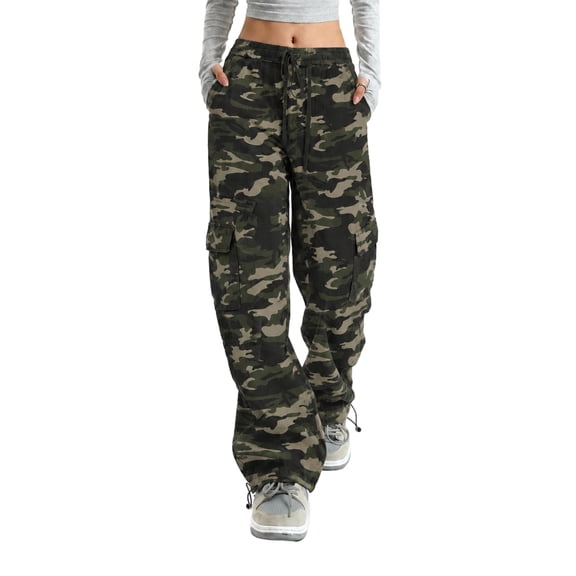 Bexdxz High Waisted Camo Pants for Women, Elastic Drawstring Baggy Straight Wide Leg Trousers with Large Side Pockets, Y2K Streetwear Casual Pants for Daily Outdoor Outfits Green XS
