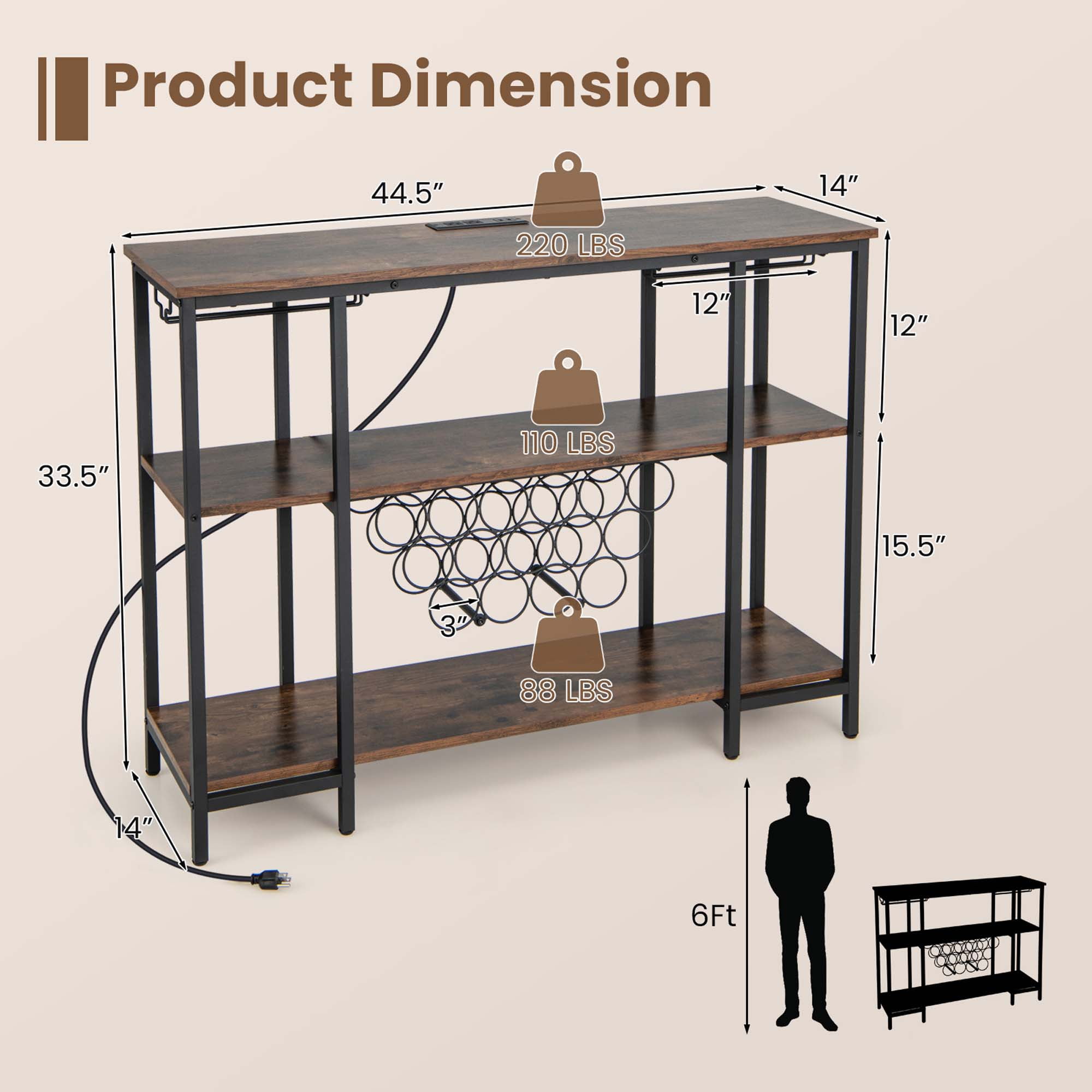 Costway  Cabinet Bar Table  Rack Table for Drinks Glasses with Power Outlets Brown