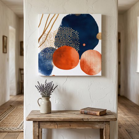 Ships Next Day Canvas Wall Art 8 x8 Navy Blue Burnt Orange Wood Framed Canvas Print Painting Middle Century Modern Geometric Ready to Hang Small Picture Wall Decor for Home Bathroom Nursery Kitchen