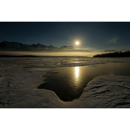 A full moon rises over the Chugach Mountains and the Knik River in South-central Alaska Alaska United States of America Poster Print by Ray Bulson  Design