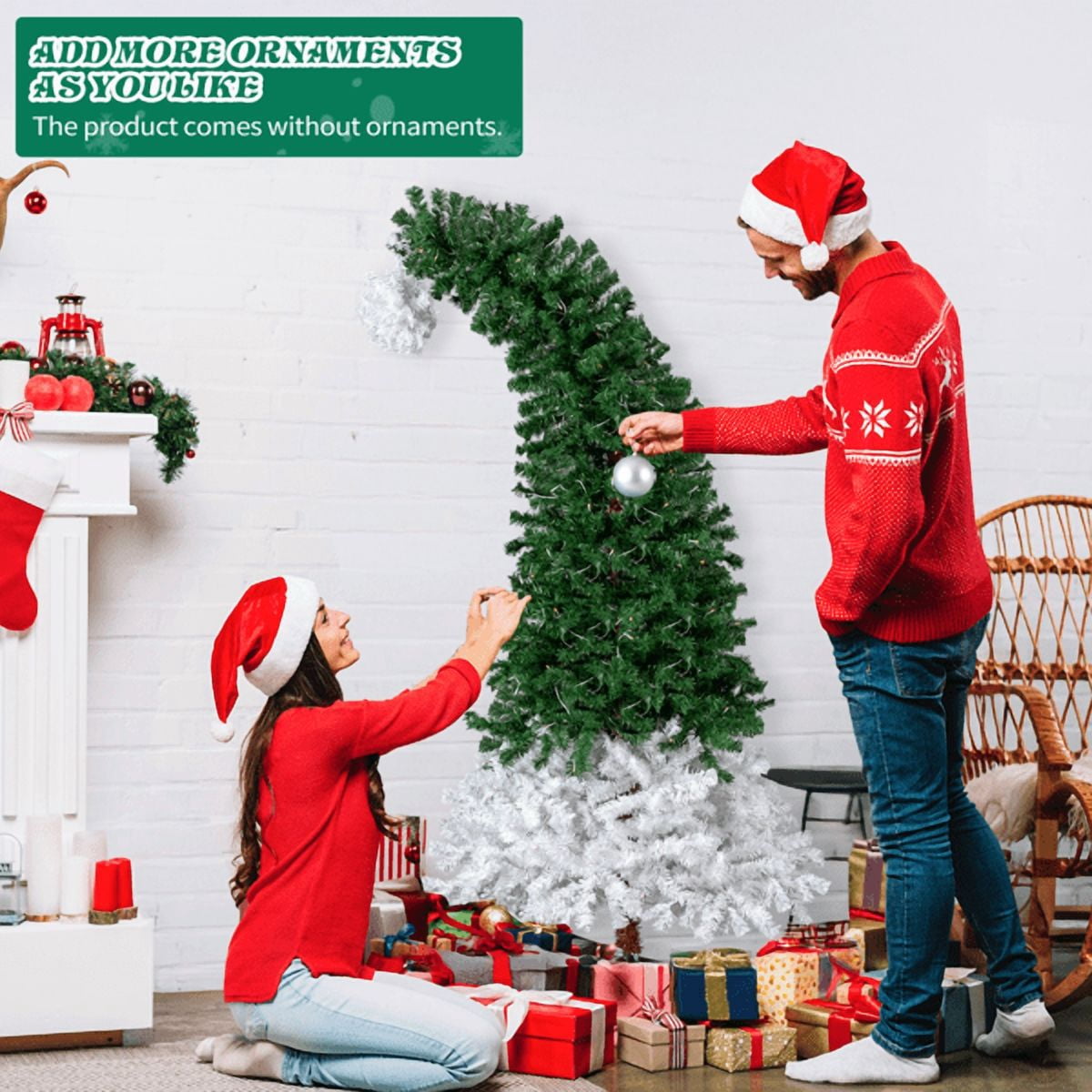 Alvantor 6 ft Pre-Lit Artificial Christmas Tree, Santa Hat Style, 250 Warm White Led Lights, 839 PVC Tips, Green And White