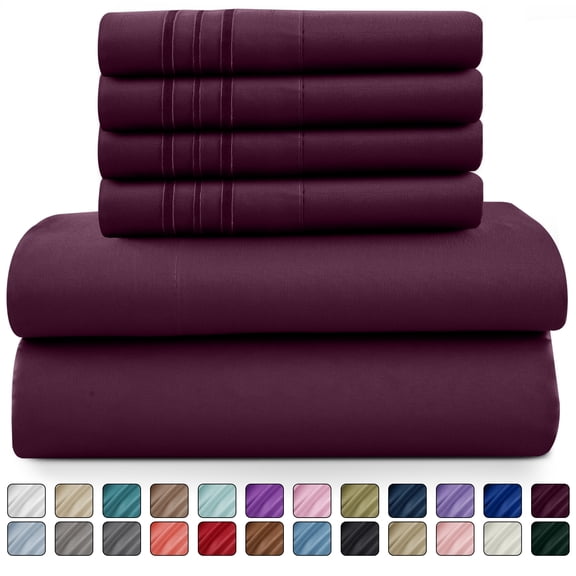 Lux Decor Collection California King 6 Piece Sheets Set - Microfiber 16 Inch Deep Pocket Bed Sheets - Plum