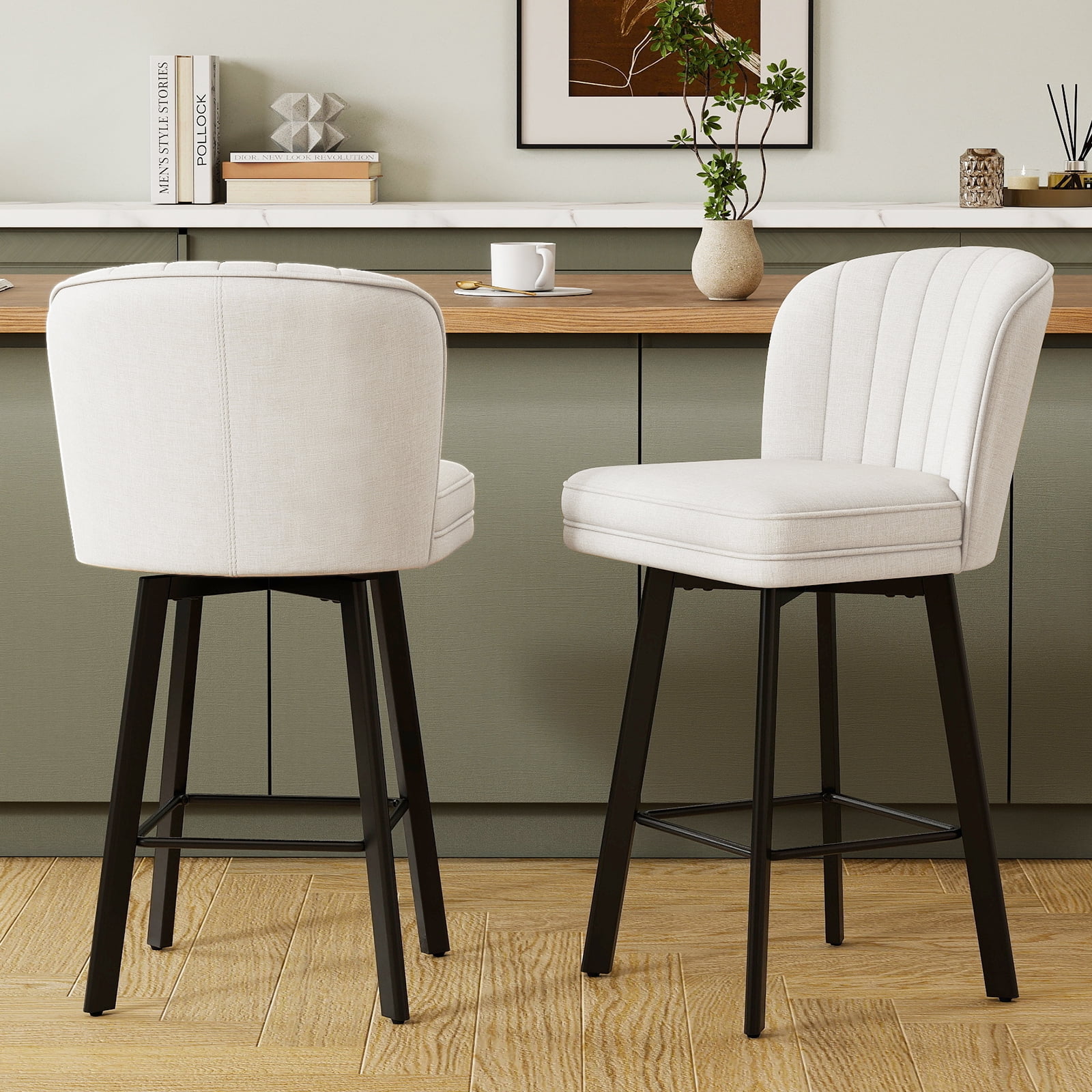 MultiHaven 26'' Shell Back Bar Stools Set of 2,Swivel Counter Height Fabric Chairs for Kitchen Island,Cafe - Beige