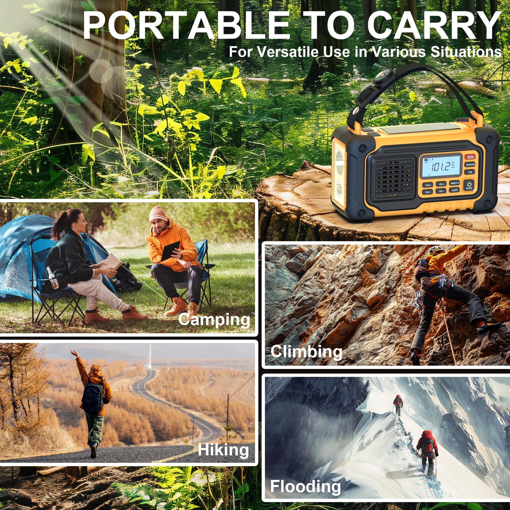 Emergency Weather Radio  Am/fm/sw/noaa Hand Crank With 37000mwh/10000mah Portable Large Capacity Usb/solar/hand Charging Aaa Operated Sos Alarm & Flashlight (yellow)