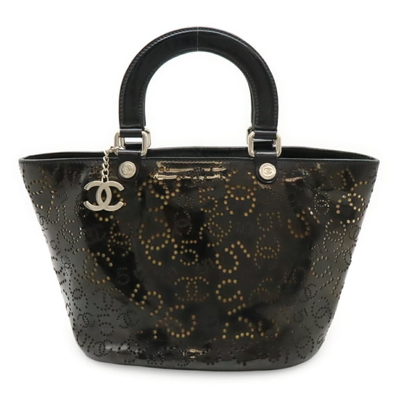 Pre-Owned CHANEL No. 5 Coco Mark Perforated Handbag Tote Bag Enamel Patent Leather Black