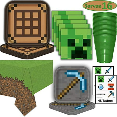 Table Plate Minecraft Party Supplies for 16 - Dinner Plates, Dessert Plates, Napkins, Cups, Tablecloth, Tattoos - Pixel Mining Theme Birthday Tableware and Favors ()
