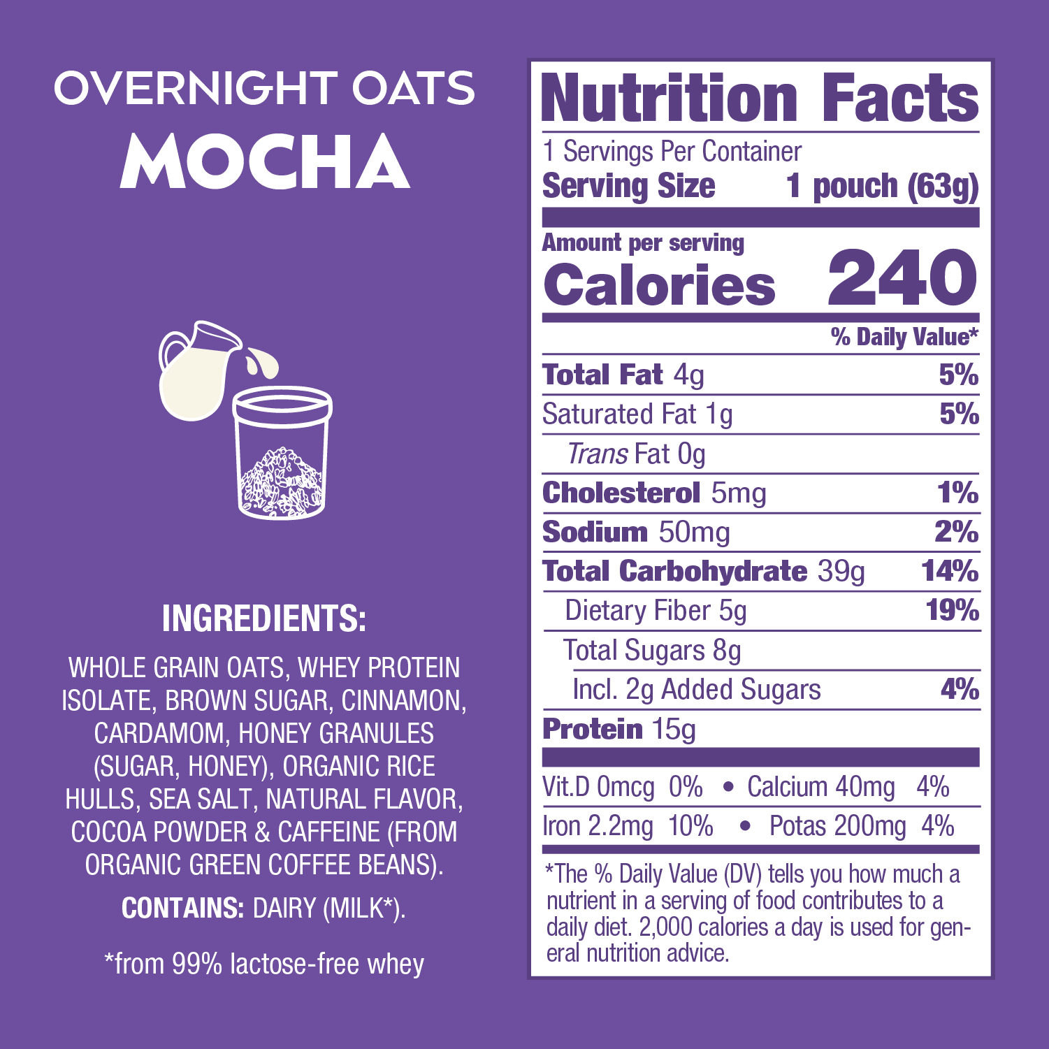 (2 pack) Proper Good Mocha Overnight Oats with 15g Protein, Shelf-Stable, 2.24 oz Packet