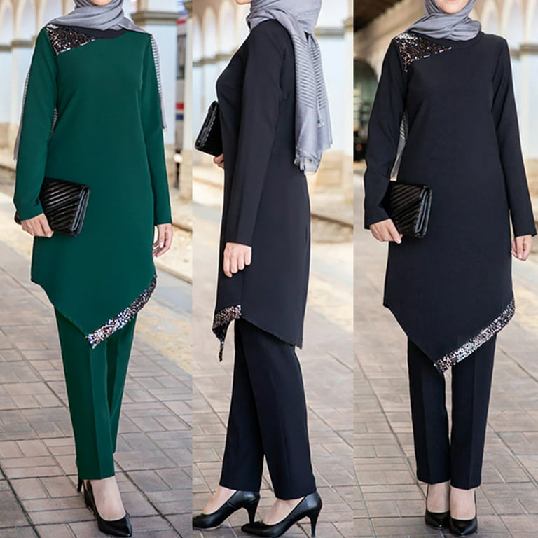Two Piece Sets Tops and Pants Women Turkey Muslim Abaya Dresses Ramadan  Kaftan