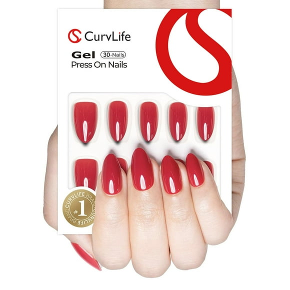 Puntas de uñas de gel estilo almendra roja Curvlife, de la marca Press on Nail