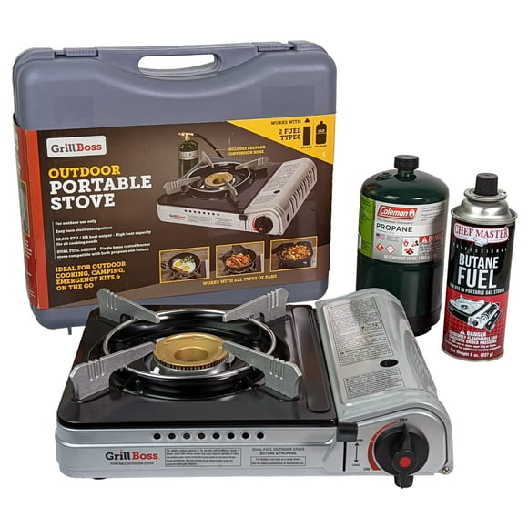 Dual Fuel Portable Stove ONLY, Butane & Propane Portable Camping Stove, 12K BTU Camp Stove, Dual Fuel Butane and Propane Stove for Emergency, Outdoor Cooking, Hiking, Backpacking by Grill Boss 90057