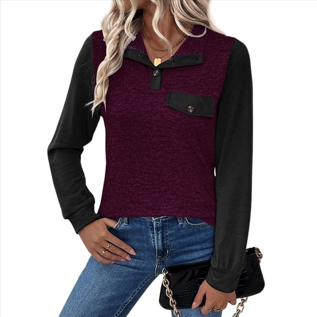 Blusa Holgada de Retazos con Cuello de Solapa y Botones de Larga con Bloques de Color para Mujer, Estilo Urbano Y2K Rojo Vino M