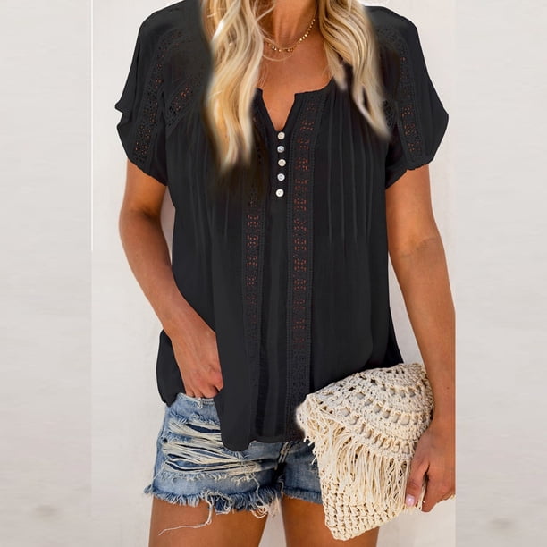 Puntoco 2024, tops a la moda de verano para mujer, blusas informales de manga corta con ojal de encaje y cuello en V liso para mujer