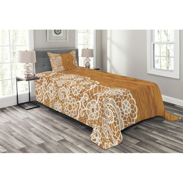 Vintage Bedspread Set Twin Size, Shabby Chic Lace Pattern on Wooden
