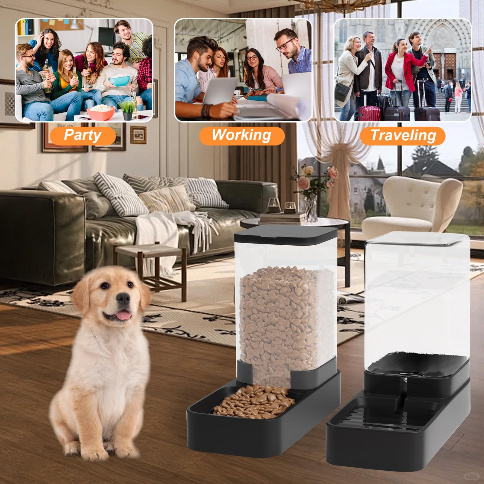 Automatic Cat Feeder & Water Dispenser Set, Gravity 3.3L Pet Food Waterer with Large Absorbent Quick-Dry Feeding Mat