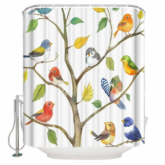 72x78 Inch Shower Curtain Watercolor Bird Bathroom Decor Waterproof Fabric Bathtub Bath Curtains Decorative Modern Spring Branch Colorful Leaf Extra Long Shower Curtain Set with Hooks