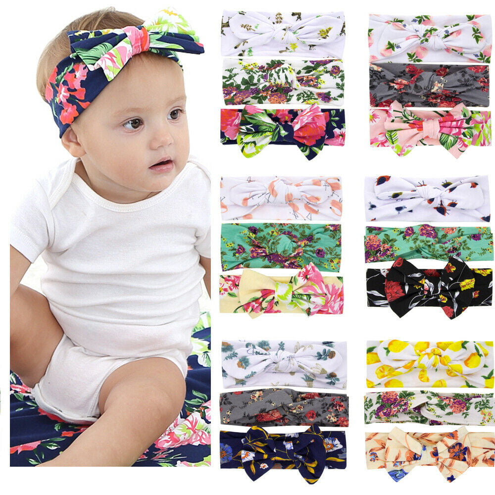 3Pcs/Set Printed Baby Girl Headband Flower Bows Kids Elastic Hair Bands Turban 